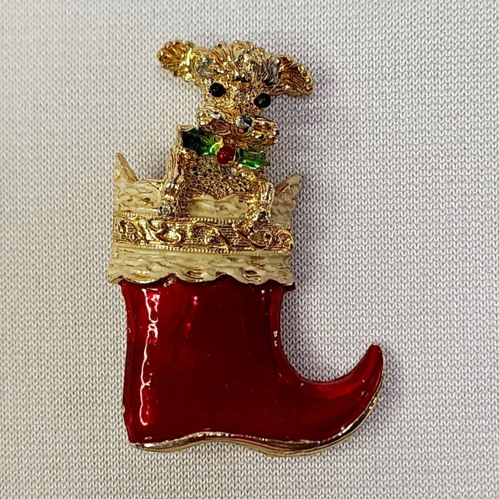 Vintage Gerry's Gold Tone Pin Brooch Poodle in a Red Christmas Stocking